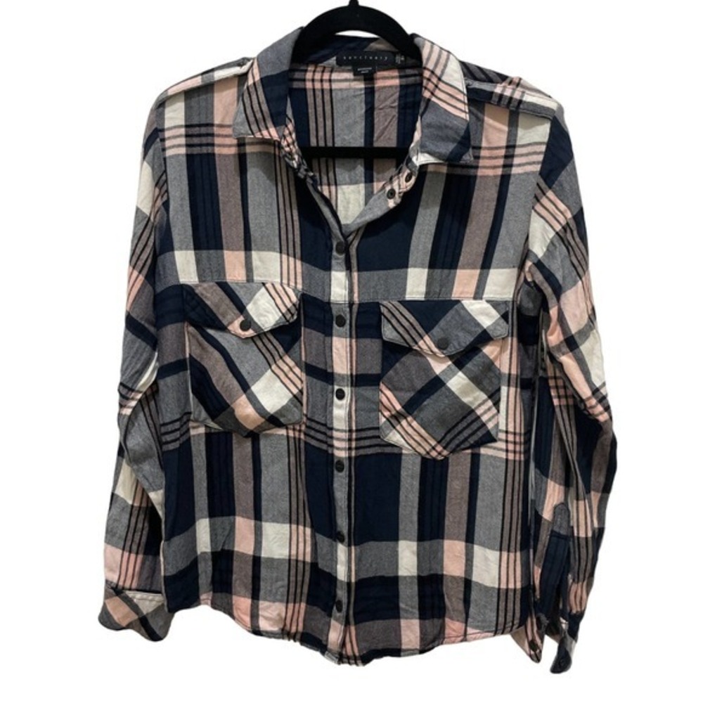 Sanctuary Navy, Pink & White Plaid Boyfriend Shirt Long Seeve